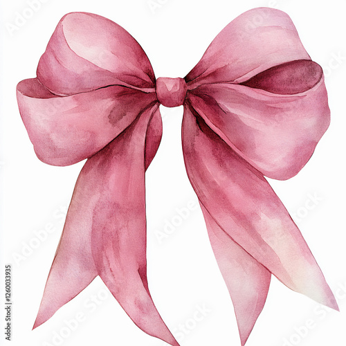 Watercolor painting of a delicate pink bow with soft gradient shading and a tied, translucent appearance.