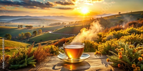 South African landscape bathed in golden light; panoramic honeybush tea photo evokes tranquility and nature's remedy.