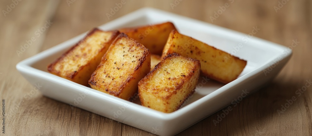 Baked golden hash brown wedges arranged neatly in a square white dish against a warm wooden background, showcasing a crispy texture and appetizing look Baked golden hash brown wedges arranged neatly in a square white dish against a warm wooden background, showcasing a crispy texture and appetizing look