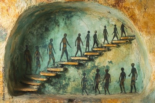 Ancient cave paintings depict figures ascending steps in a historic location