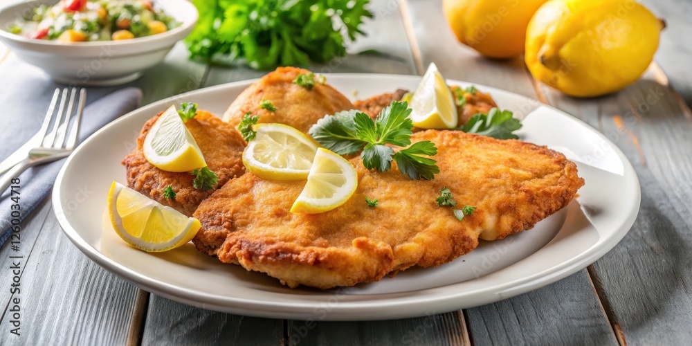 Chicken schnitzel with lemon and potatoes on elegant plate, restaurant, lemon, restaurant, lemon, German, German cuisine Chicken schnitzel with lemon and potatoes on elegant plate, restaurant, lemon, restaurant, lemon, German, German cuisine