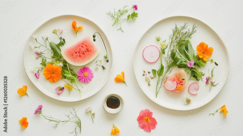 Decorative Spring Salad Plates with Edible Flowers and Fresh Greens - Perfect for Elegant Dining or Recipe Inspiration Decorative Spring Salad Plates with Edible Flowers and Fresh Greens - Perfect for Elegant Dining or Recipe Inspiration