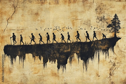 Human evolution depicted through silhouettes walking towards a distant tree under birds in an ancient landscape