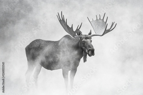 Majestic bull moose standing in misty forest, monochrome. photo