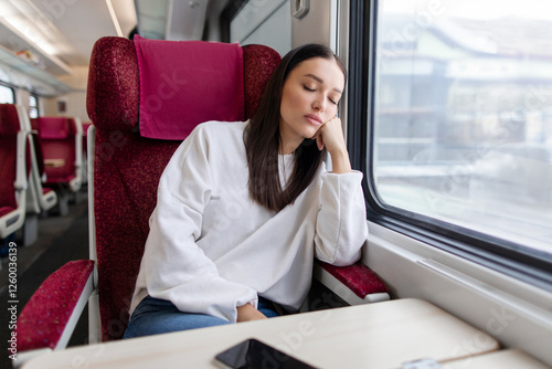 Young tired woman sleeping, sitting in train, passenger traveling sitting in seat and napping, leaning on window