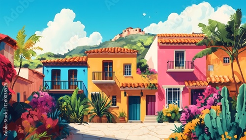 An illustration of colorful hacienda style houses with a mountain in the horizon
