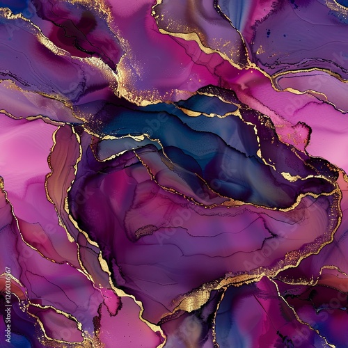 Seamless Abstract Exotic Alcohol Ink Texture, Alcohol Ink Background Texture with Gold Veins, Purple, Blue, Red, Orange