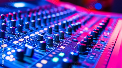 Close-up of a sound mixing console with numerous knobs and buttons illuminated in pink and blue light.