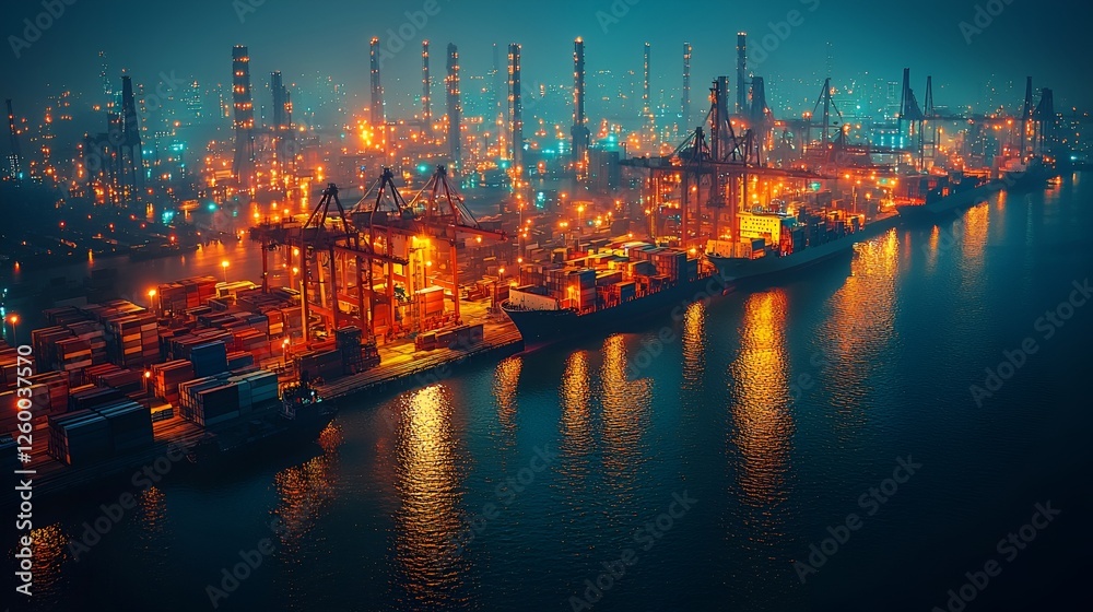 Fototapeta premium Night port industrial cargo harbor containers ships