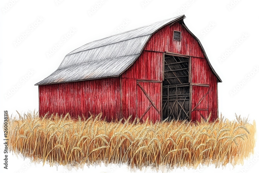 Obraz premium Beautiful red barn surrounded by golden wheat fields during sunny daytime in rural countryside