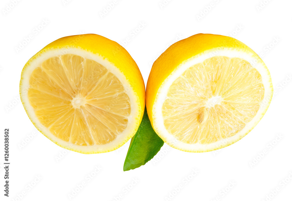 Yellow lemon fruits cut into two halves or pieces with green leaf in stack isolated on white background with clipping path Yellow lemon fruits cut into two halves or pieces with green leaf in stack isolated on white background with clipping path