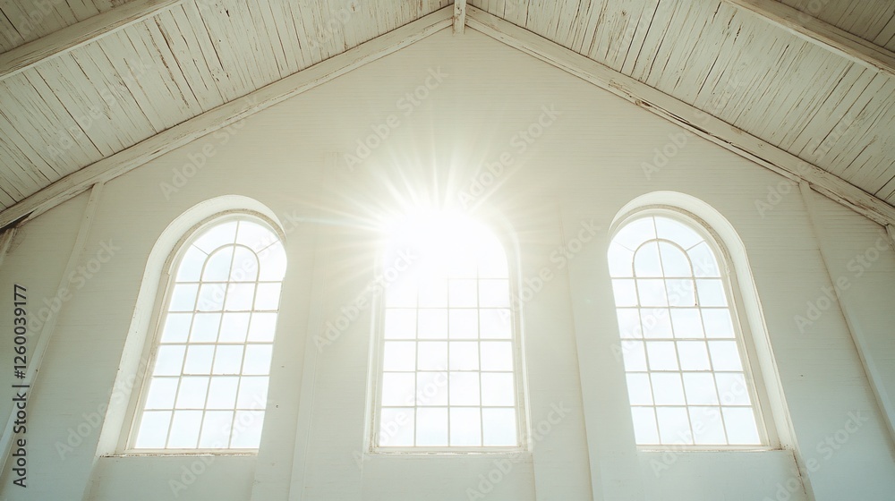Sun shining through three arched windows in a white room with wooden ceiling. Sun shining through three arched windows in a white room with wooden ceiling.