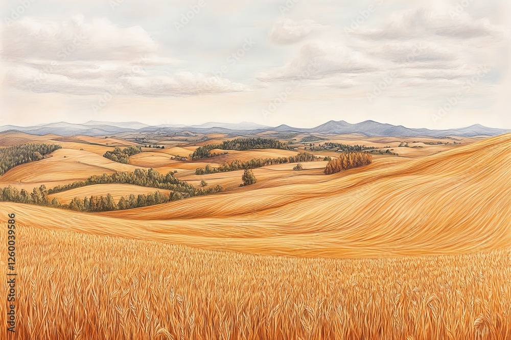 Obraz premium Golden wheat fields stretch across rolling hills under a cloudy sky in a peaceful rural landscape