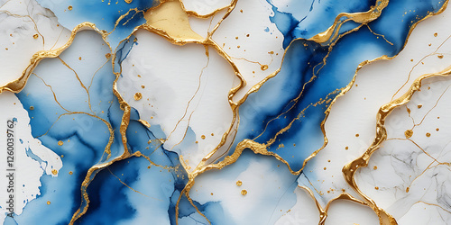 Golden blue shiny veins and cracked marble texture background, created by generative AI