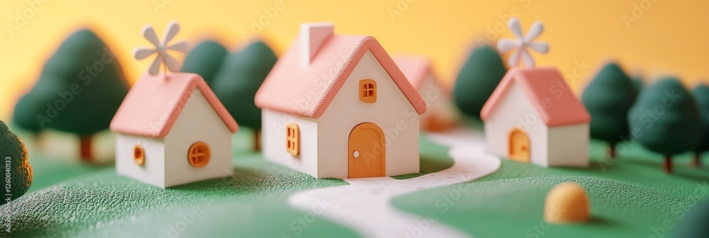 Fototapeta premium Miniature houses on a green hill with trees and a pathway.