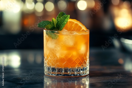 Orange cocktail, bar, ice, mint, garnish, nightlife, drinks menu, advertising