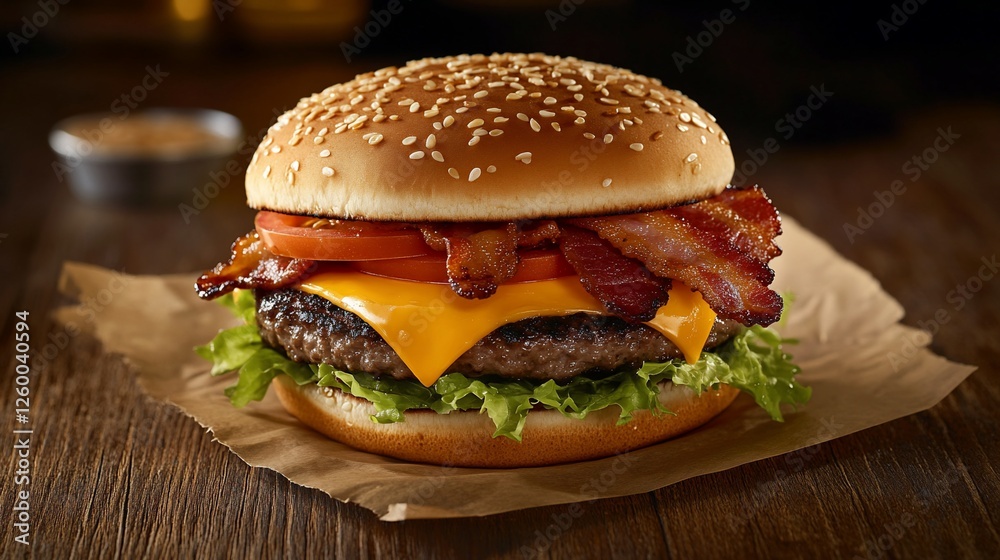 Juicy cheeseburger with bacon, lettuce, tomato, and sesame seed bun on wooden table. Juicy cheeseburger with bacon, lettuce, tomato, and sesame seed bun on wooden table.