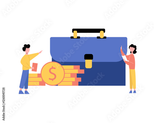 Cartoon people around coins with a briefcase. Mobile banking application. Personal data, money protection and internet security. Flat vector illustration.