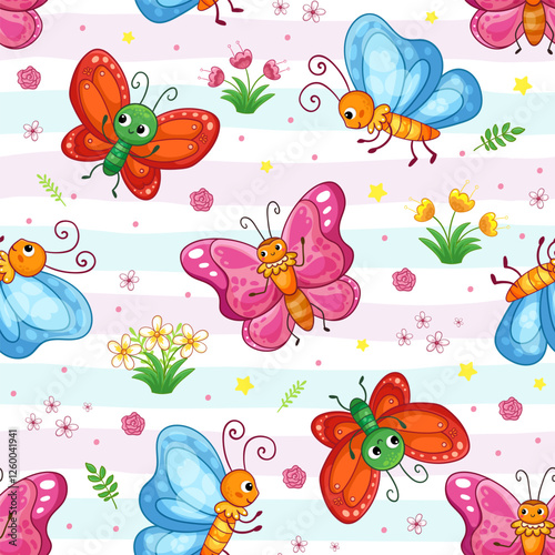 Seamless pattern with cute with different butterflies on a background. Vector illustration with insect in cartoon style.