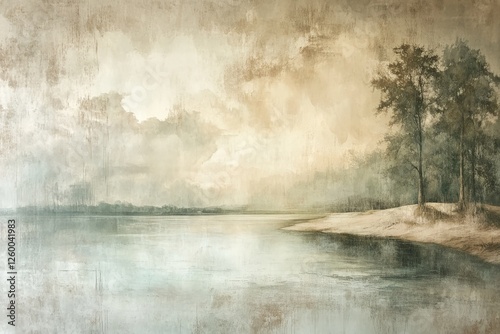 Serene riverside landscape with soft clouds and distant trees in a tranquil setting at dusk