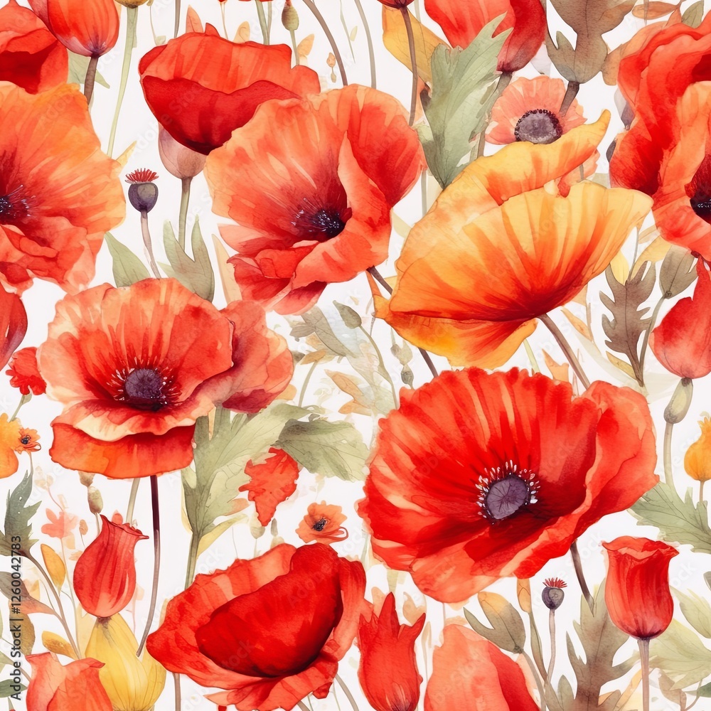 Obraz premium Seamless Red Poppies Watercolor Pattern, Delicate Watercolor illustration. Floral Background, Flower Design,