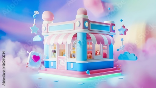 Vibrant pastel candy store in dreamy landscape.