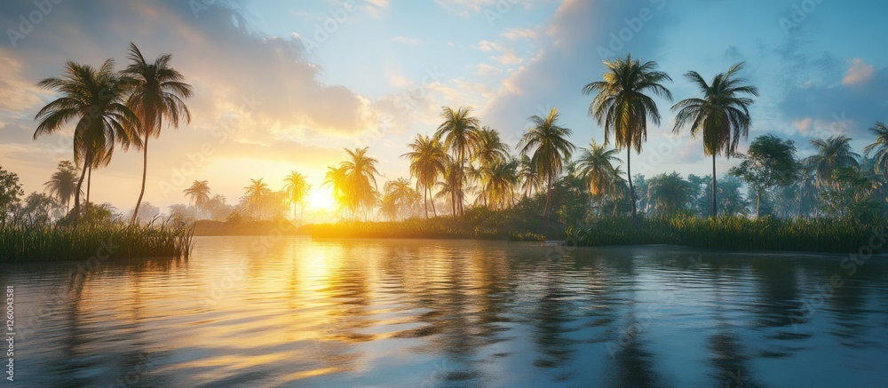 Serene tropical landscape at sunrise with vibrant orange and blue hues, featuring swaying palm trees and tranquil water reflections. Serene tropical landscape at sunrise with vibrant orange and blue hues, featuring swaying palm trees and tranquil water reflections.