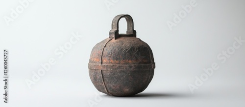 Deactivated grenade on a white background showcasing its rusted texture and circular shape, symbolizing safety and the end of danger