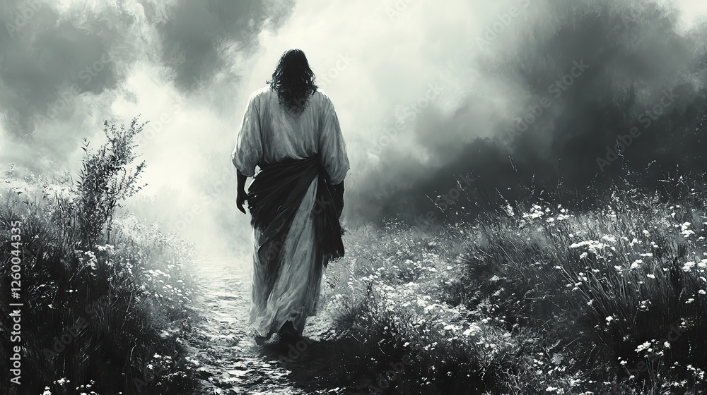 Obraz premium black and white illustration of jesus walking in the countryside vintage style rear view