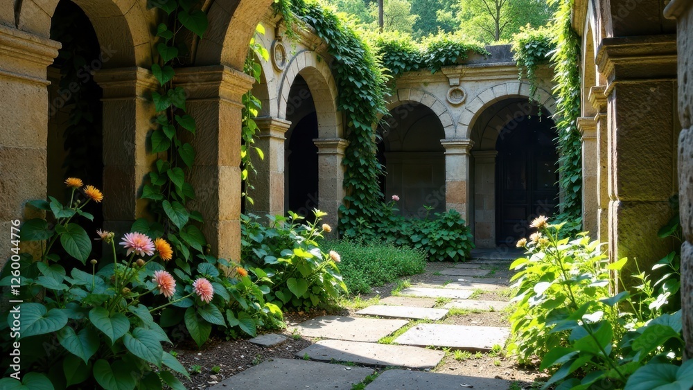 Fototapeta premium Sun-dappled stone archway passage, vibrant green foliage, blooming flowers, tranquil garden courtyard