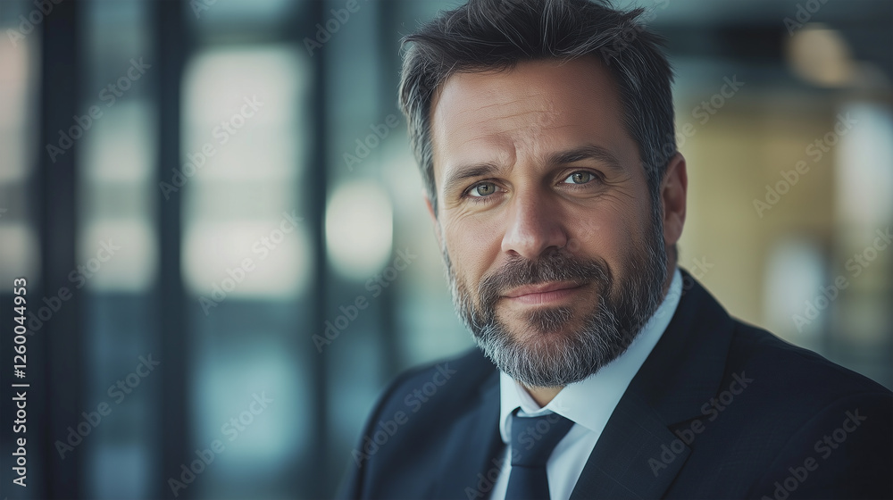 Confident Caucasian Businessman in a Dark Suit with a Well-Groomed Beard, Sitting in a Modern Office, Representing Success, Leadership, and Corporate Professionalism Confident Caucasian Businessman in a Dark Suit with a Well-Groomed Beard, Sitting in a Modern Office, Representing Success, Leadership, and Corporate Professionalism