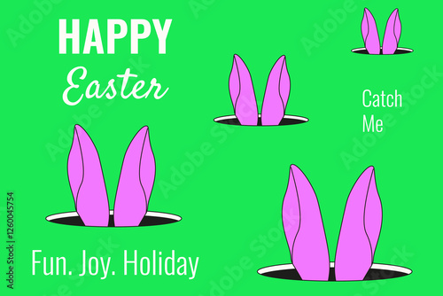 Funny Happy Easter vector illustration banner template design. Playful Easter Bunny and holiday text. Perfect Easter background poster greeting card cover. EPS 10