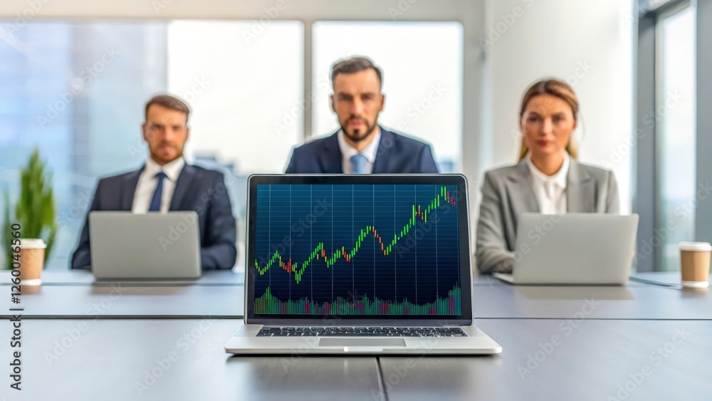 Three businesspeople analyzing financial data on a laptop computer with an upward trend line. They are all looking at the laptop and the chart on the screen. Three businesspeople analyzing financial data on a laptop computer with an upward trend line. They are all looking at the laptop and the chart on the screen.