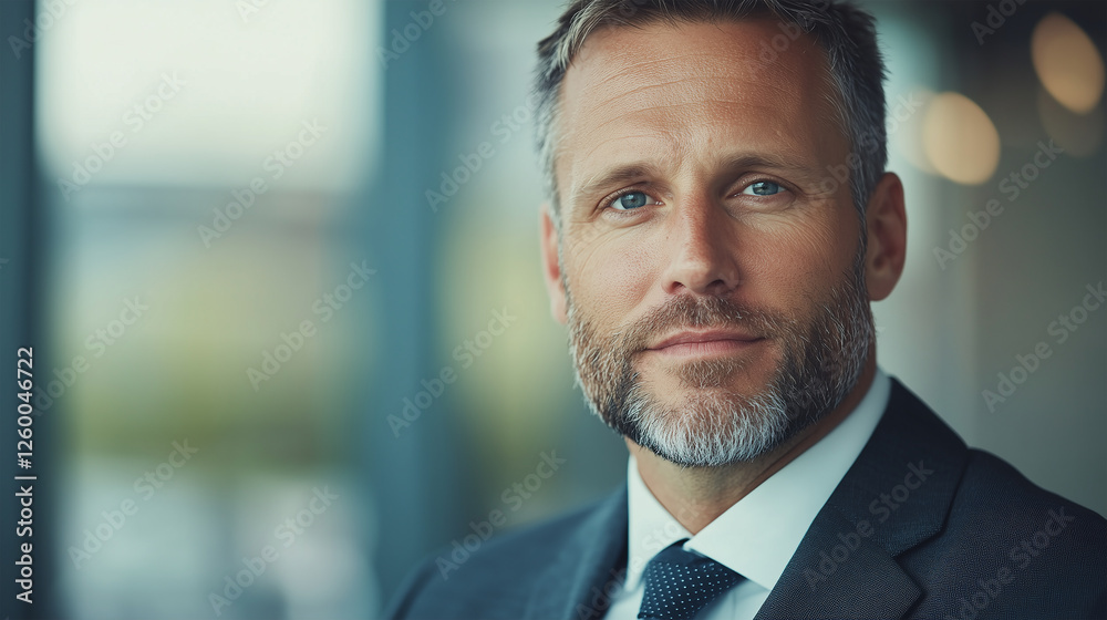 Confident Caucasian Businessman in a Dark Suit with a Well-Groomed Beard, Sitting in a Modern Office, Representing Success, Leadership, and Corporate Professionalism Confident Caucasian Businessman in a Dark Suit with a Well-Groomed Beard, Sitting in a Modern Office, Representing Success, Leadership, and Corporate Professionalism