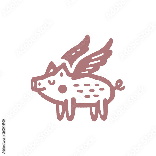Hand-drawn monochrome line art of a flying pig with wings