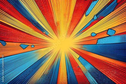 Colorful comic book background with dynamic explosions. Royalty high-quality free best stock of pop art splash backgrounds, speech bubble, halftone, vibrant bursts, cartoon retro starburst texture