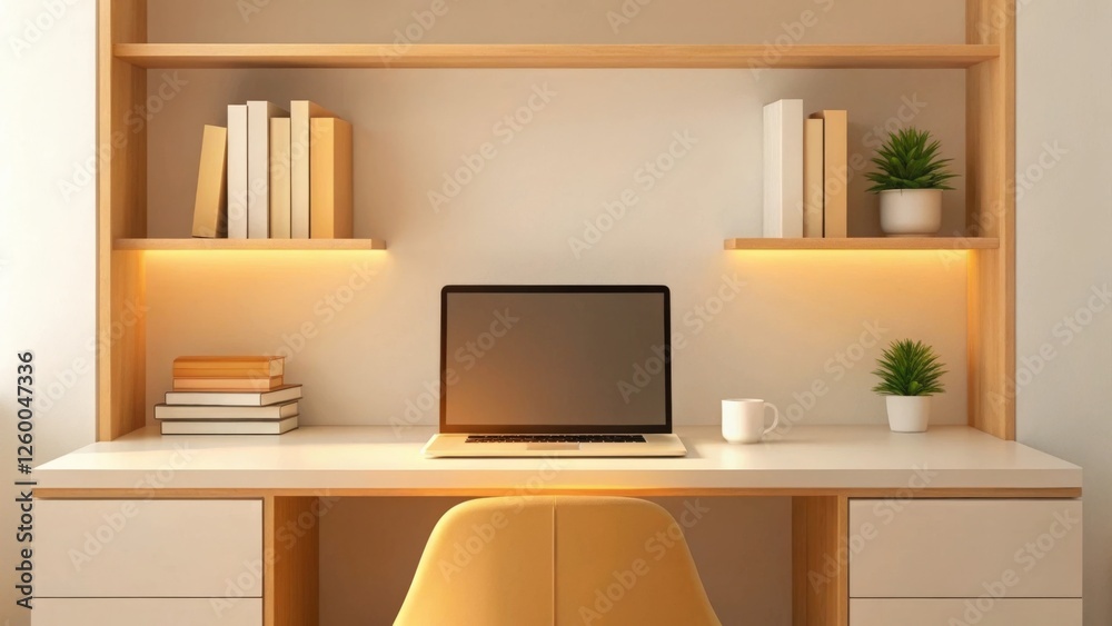 Modern minimalist home office workspace with laptop, books, and plants. Warm lighting creates a cozy and productive atmosphere. Modern minimalist home office workspace with laptop, books, and plants. Warm lighting creates a cozy and productive atmosphere.