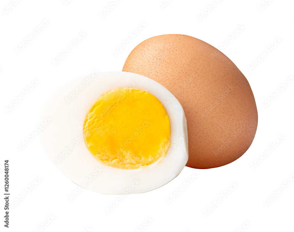 Front view of single raw chicken egg and peeled cooked or boiled egg with egg yolk in half in stack isolated with clipping path in png file format Front view of single raw chicken egg and peeled cooked or boiled egg with egg yolk in half in stack isolated with clipping path in png file format
