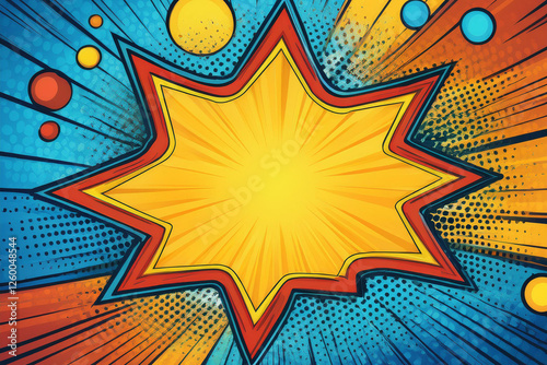 Colorful comic book background with dynamic explosions. Royalty high-quality free best stock of pop art splash backgrounds, speech bubble, halftone, vibrant bursts, cartoon retro starburst texture