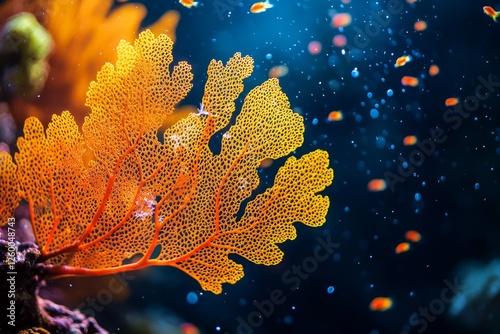 Vibrant coral reef aquarium, fish, bubbles, underwater