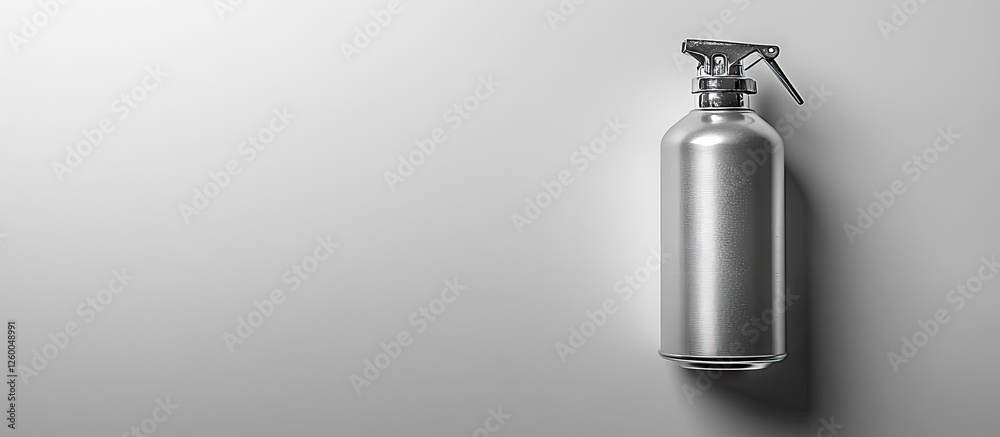 Silver spray can with a nozzle and cap positioned to the left against a soft gray backdrop highlighting its sleek design and functionality. Silver spray can with a nozzle and cap positioned to the left against a soft gray backdrop highlighting its sleek design and functionality.
