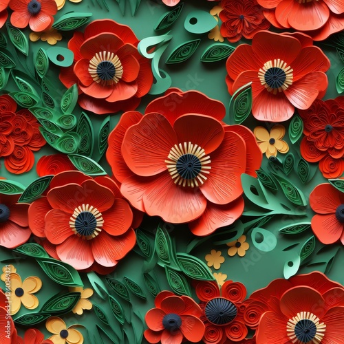 Seamless Red Poppies Pattern, 3D Paper Quill Design, Floral Background, Resembling a paper quill pattern, 3D Illustration of Flowers