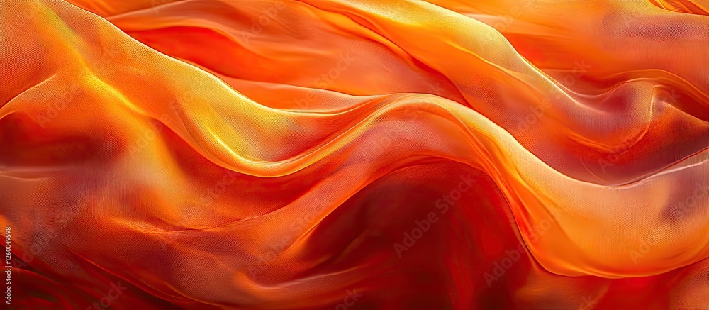 Fototapeta premium Flowing orange and red fabric with gentle wave patterns and soft shadows creates a soothing visual effect in a warm and vibrant color palette.