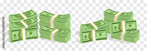 Vector 3d dollars, paper bills isolated on png. Bank cash vector set. Green dollar bill packs, stacks. Vector economy and banking, earnings and wage. Deposit and investment. Transparent background
