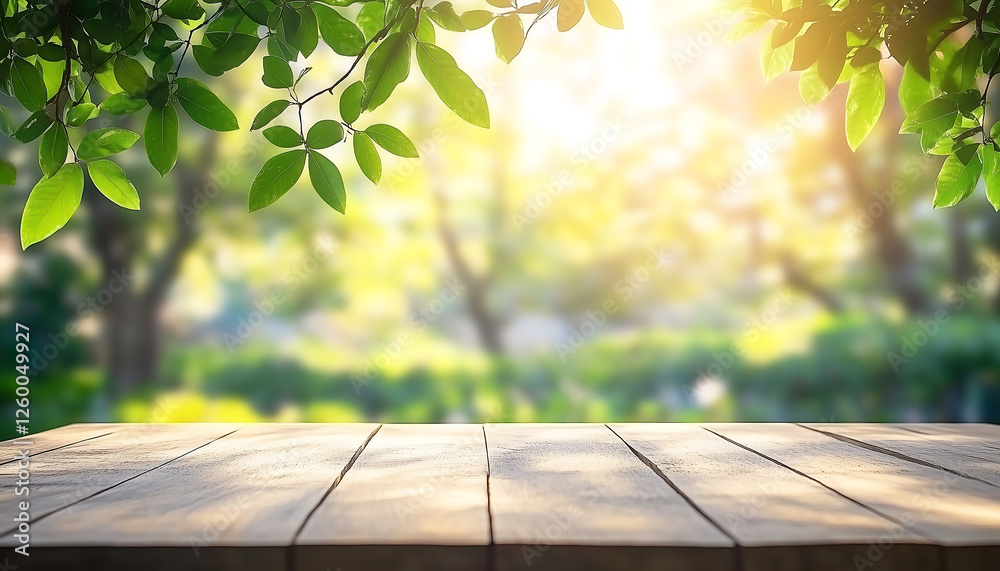 Wooden Table in Sunlit Garden - Ideal for Outdoor Dining, Relaxation, and Nature-Inspired Settings Wooden Table in Sunlit Garden - Ideal for Outdoor Dining, Relaxation, and Nature-Inspired Settings