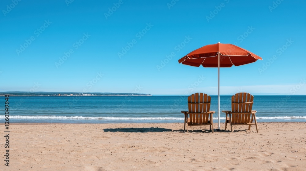 A serene beach scene featuring two chairs under an orange umbrella beside calm blue waters and a clear sky, perfect for relaxation. A serene beach scene featuring two chairs under an orange umbrella beside calm blue waters and a clear sky, perfect for relaxation.