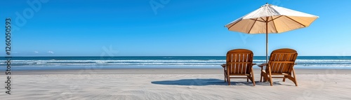 A serene beach scene featuring two wooden chairs under a large umbrella, with gentle waves and a clear blue sky in the background. photo