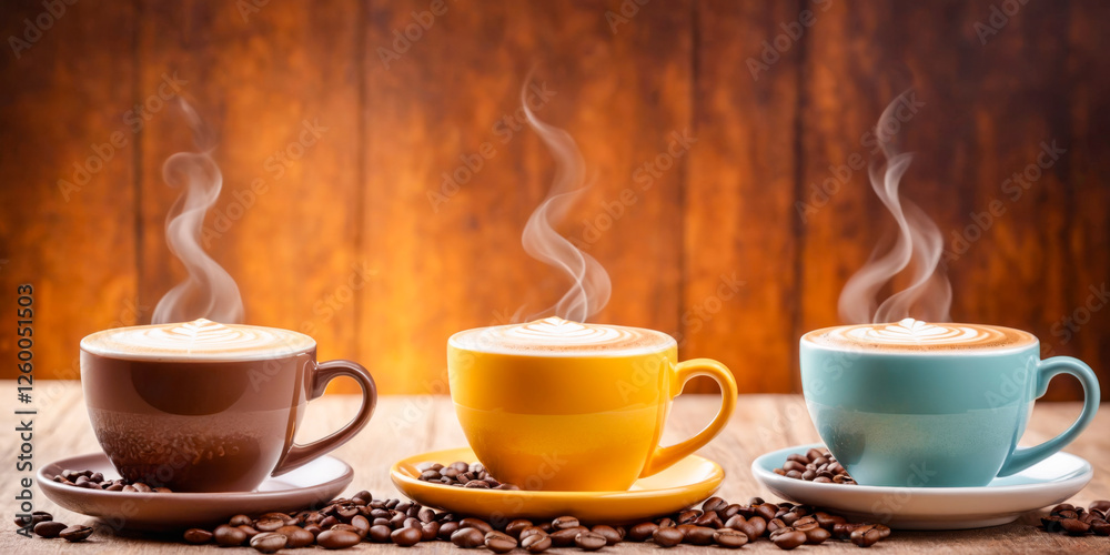 Fototapeta premium Three Cups of Steaming Latte Art Coffee on Wooden Table