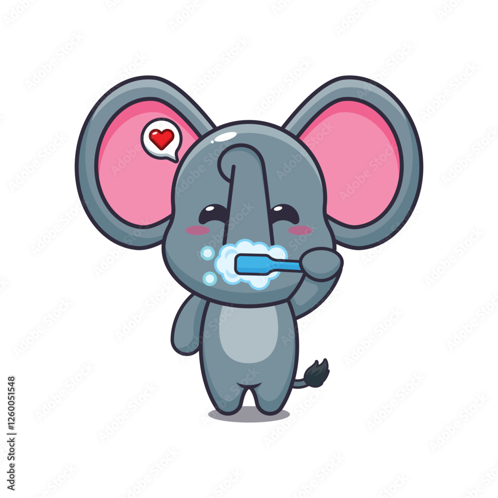 Fototapeta premium Cute elephant brushing teeth cartoon vector illustration