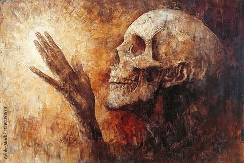 Skeleton reaching towards light in an artistic representation of life and death